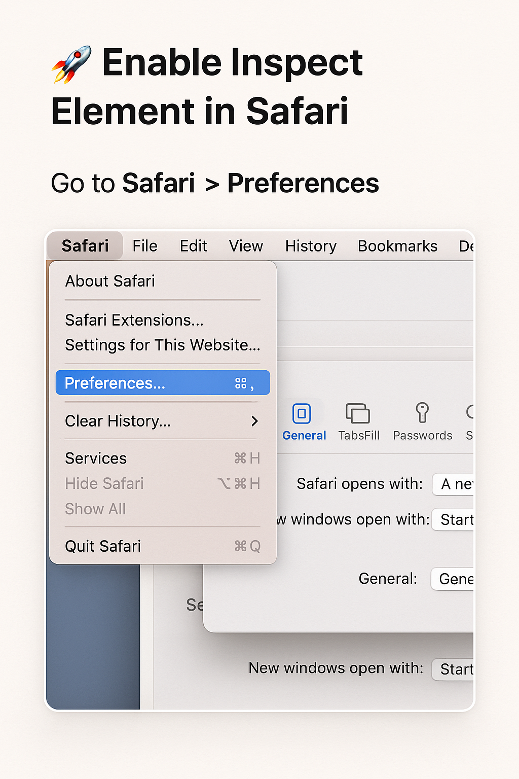 Safari Inspect Element not showing - Preferences window on macOS